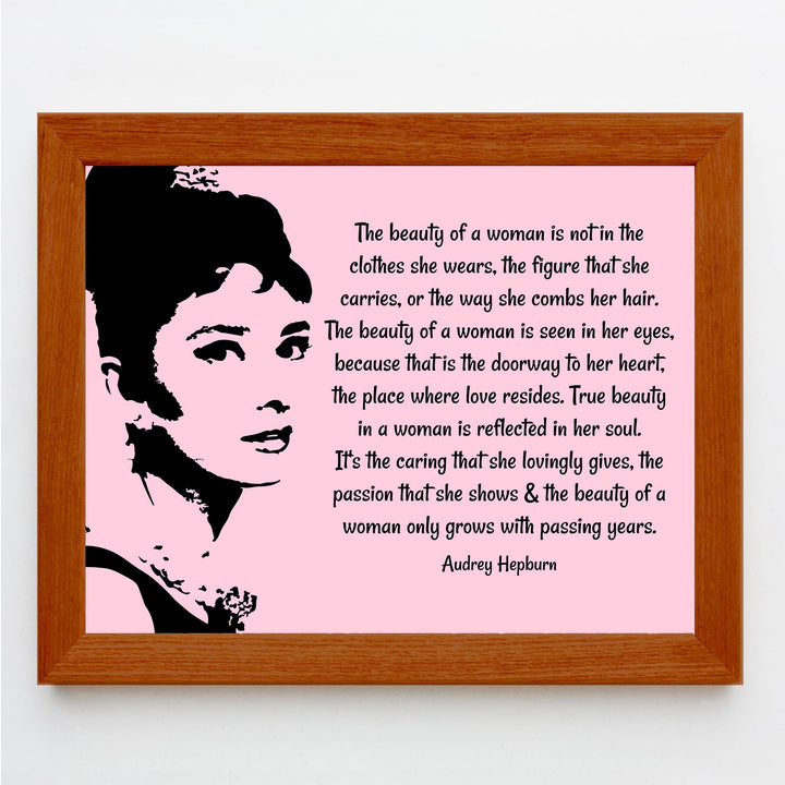 The Beauty of a Woman in Pink-Audrey Hepburn Quotes- 8 x 10" Inspirational Wall Art. Typography Poster Print w/Silhouette Image-Ready to Frame. Home-Office-Studio-Salon Decor. Gift of True Beauty!