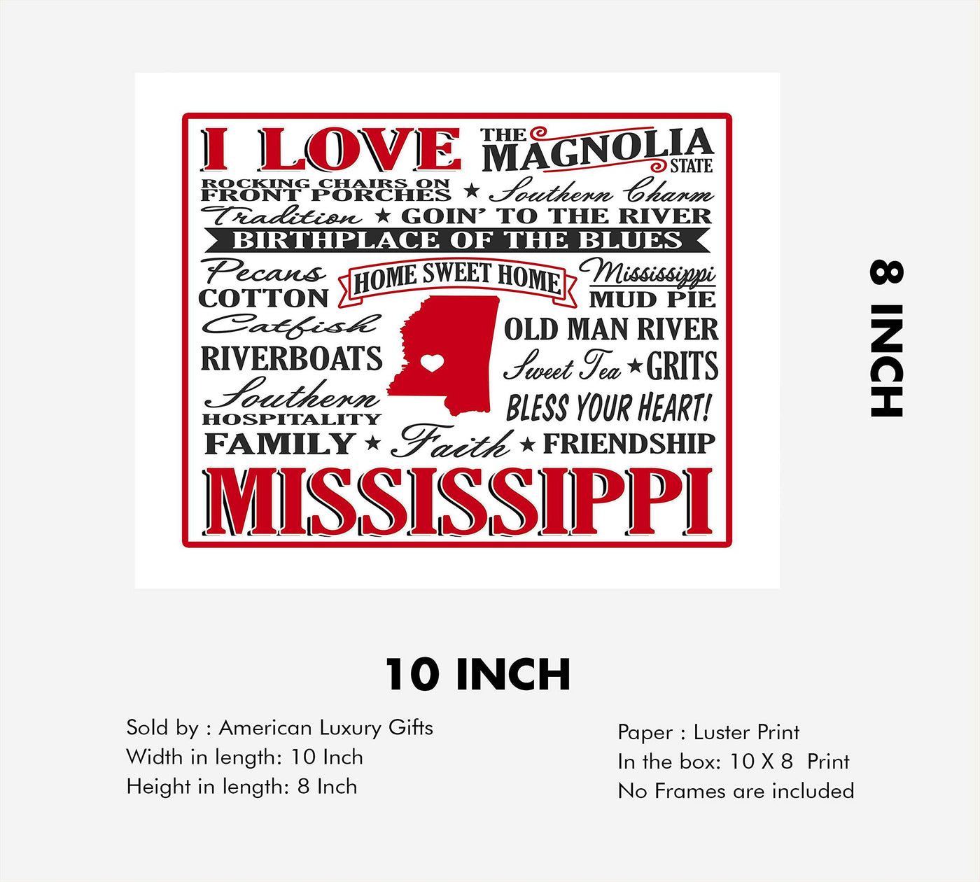 I Love Mississippi Because- Word Art Wall Sign- 10 x 8" -Vintage Typographic Poster Print-Ready to Frame. Perfect Decor for Home-Office-Studio-Bar-Cafe-Dorm. Great Display of State Pride!