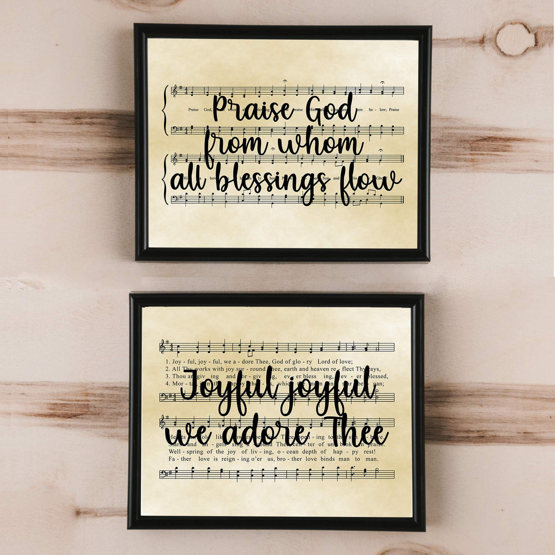 Praise Hymns- Sheet Music Wall Decor Set (2)- 10 x 8" Wall Art Print. Doxology &amp; Hymn to Joy Lyrics-Parchment Prints-Ready To Frame. Home-Office-Studio-Church Decor. Perfect Gift of Classic Hymns.