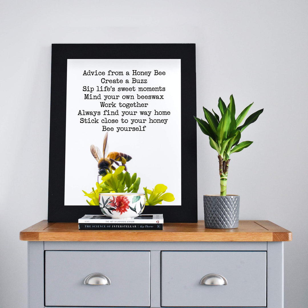 Advice From A Honey Bee-Inspirational Quotes Wall Art-8 x 10" Typographic Floral Photo Print w/Honey Bee Image-Ready to Frame. Motivational Home-Office-School Decor. Great Reminders for All!