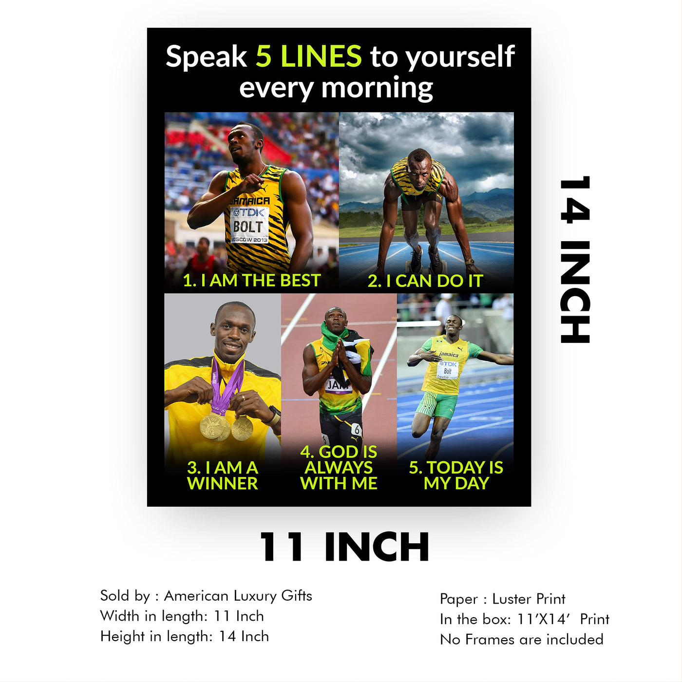 Usain Bolt Quotes-"Speak 5 Lines to Yourself Every Morning"-Motivational Wall Art-11 x 14" Inspirational Track & Field Photo Print-Ready to Frame. Home-School-Gym-Locker Room Decor. Inspire Your Team!