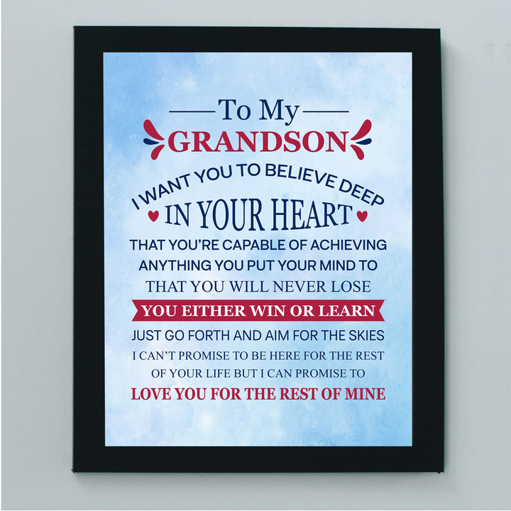 "To My Grandson - Win or Learn" Inspirational Love &amp; Family Wall Decor -8 x 10" Rustic Typographic Art Print -Ready to Frame. Home-Living Room-Office Decoration. Perfect Gift for Grandsons!