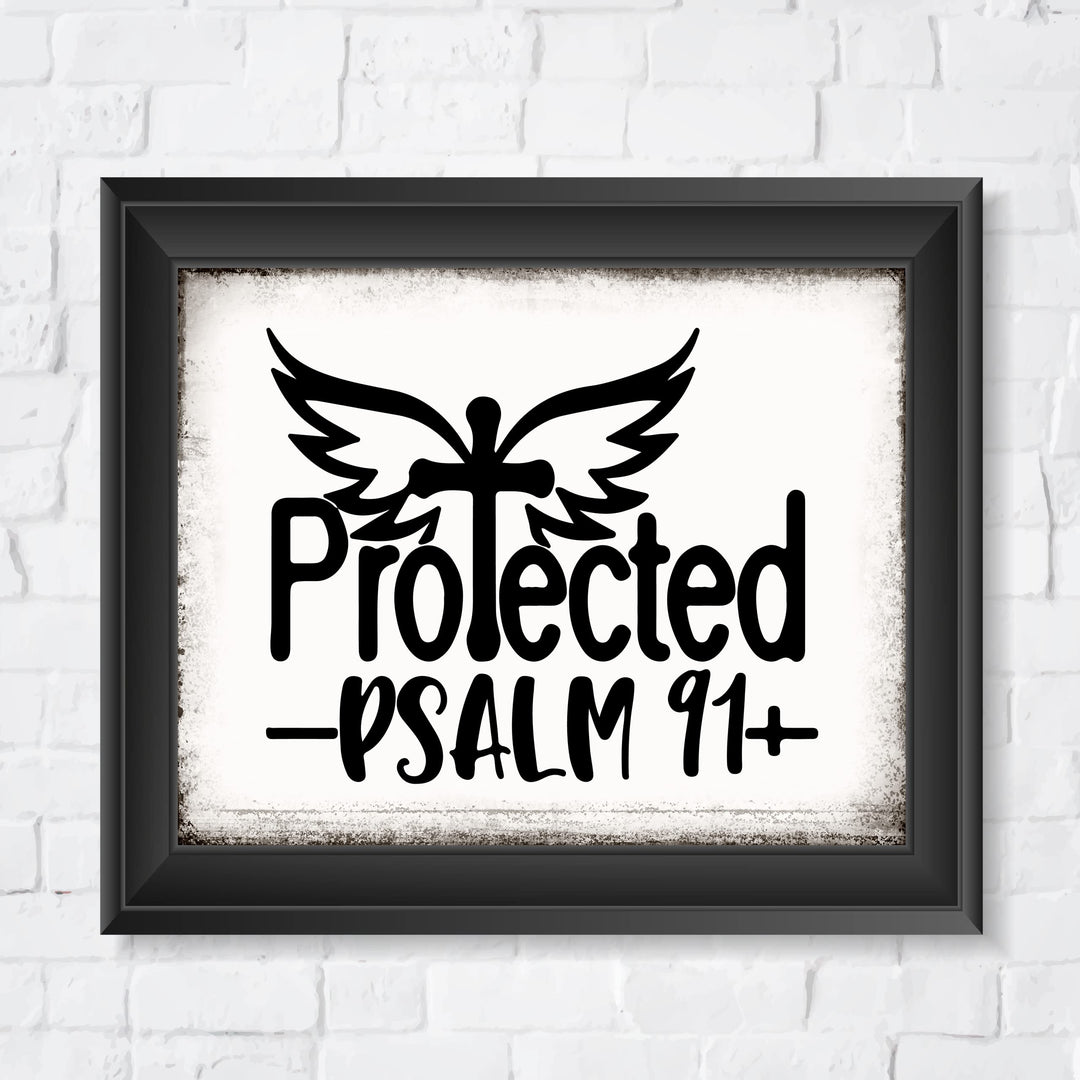 Protected-Psalm 91 Bible Verse Wall Art Print -10 x 8- Rustic Cross w/Angel Wings Print- Ready to Frame. Scripture Wall Decor for Home -Office -School -Religious &amp; Christian Gifts. Powerful Verse.