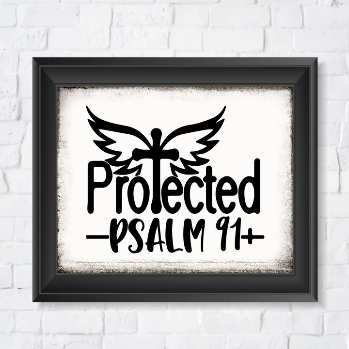 Protected-Psalm 91 Bible Verse Wall Art Print -10 x 8- Rustic Cross w/Angel Wings Print- Ready to Frame. Scripture Wall Decor for Home -Office -School -Religious &amp; Christian Gifts. Powerful Verse.