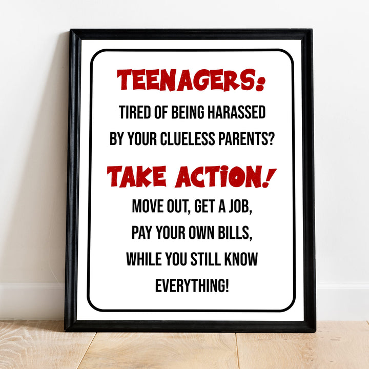 "Teenagers-Take Action, Get a Job" Funny Family Wall Sign -Sarcastic Art Print -Ready to Frame. Humorous Decoration for Home-Kids Bedroom-Teen Decor. Fun Gift -Accessories for Parents!