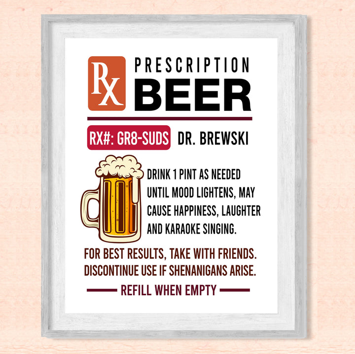 Prescription Beer -Dr. Brewski Funny Beer &amp; Alcohol Wall Sign -8 x 10" Rustic Bar Wall Art Print -Ready to Frame. Retro Home-Patio-Garage-Shop-Pub Decor. Fun Man Cave Decoration for Drinkers!