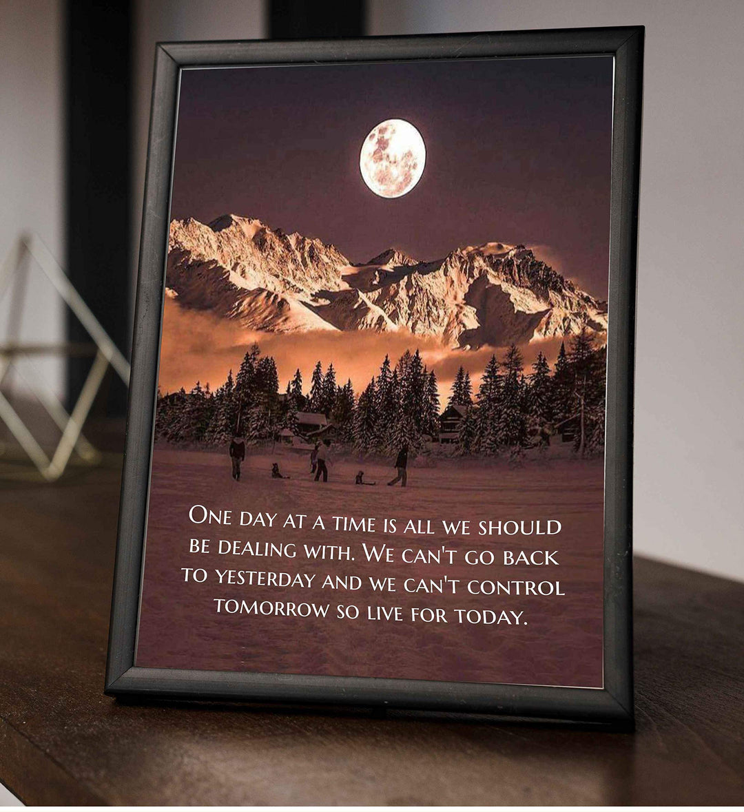 One Day at a Time-Live for Today-Life Quotes Wall Print-8 x 10" Inspirational Wall Art-Ready to Frame. Modern Photo Print w/Moon &amp; Snowy Mountain Landscape. Perfect Home-Office-School Decor.