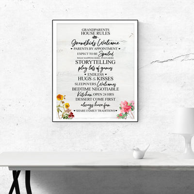 Grandparents House Rules Family Wall Art -11 x 14" Funny Typographic Poster Print-Ready to Frame. Inspirational Floral Decoration Home-Kitchen-Farmhouse Decor. Perfect Gift for Grandma & Grandpa!