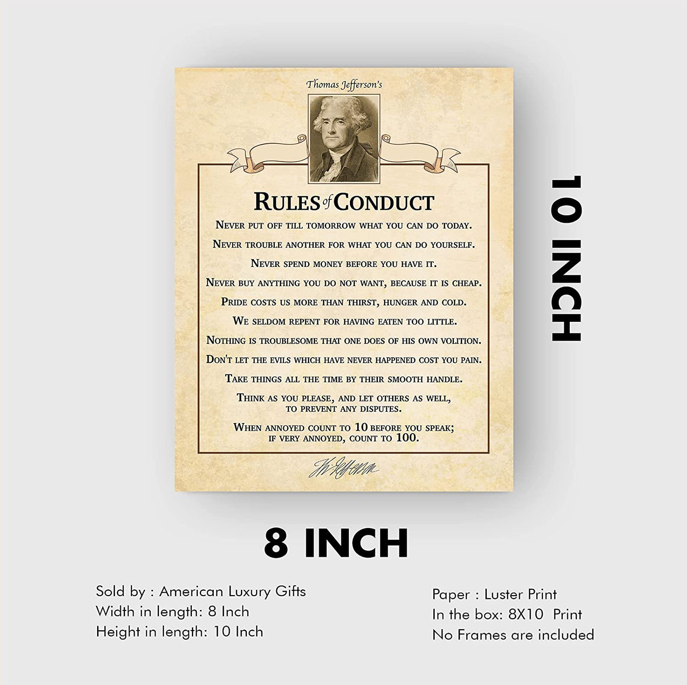 "Thomas Jefferson's Rules of Conduct"-Inspirational Wall Art Sign- 8 x 10"