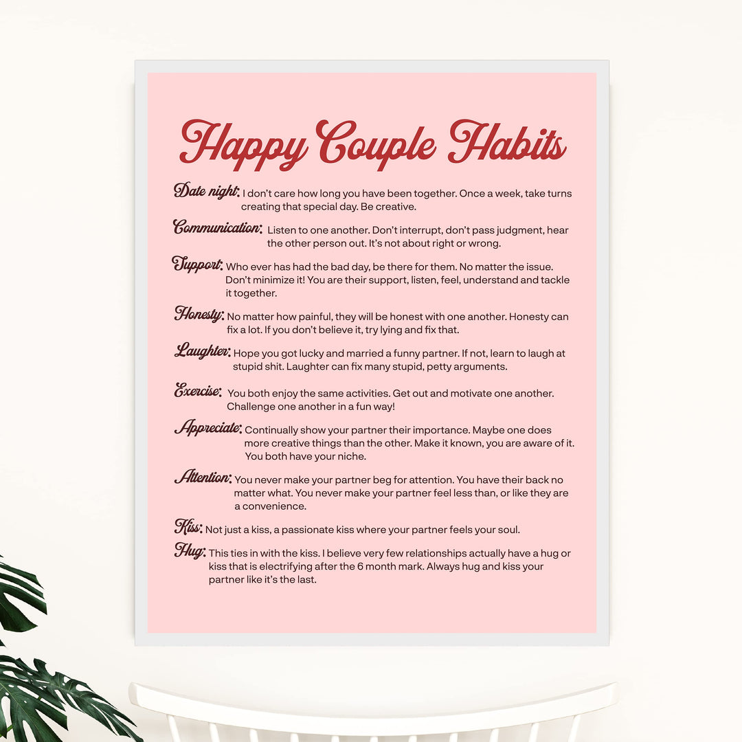 Happy Couple Habits Inspirational Wall Art Decor -11 x 14" Love &amp; Marriage Life Lessons Print -Ready to Frame. Modern Typographic Design. Romantic Anniversary Gift &amp; Wedding Sign for All Couples!