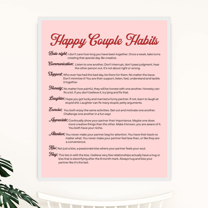 Happy Couple Habits Inspirational Wall Art Decor -11 x 14" Love &amp; Marriage Life Lessons Print -Ready to Frame. Modern Typographic Design. Romantic Anniversary Gift &amp; Wedding Sign for All Couples!