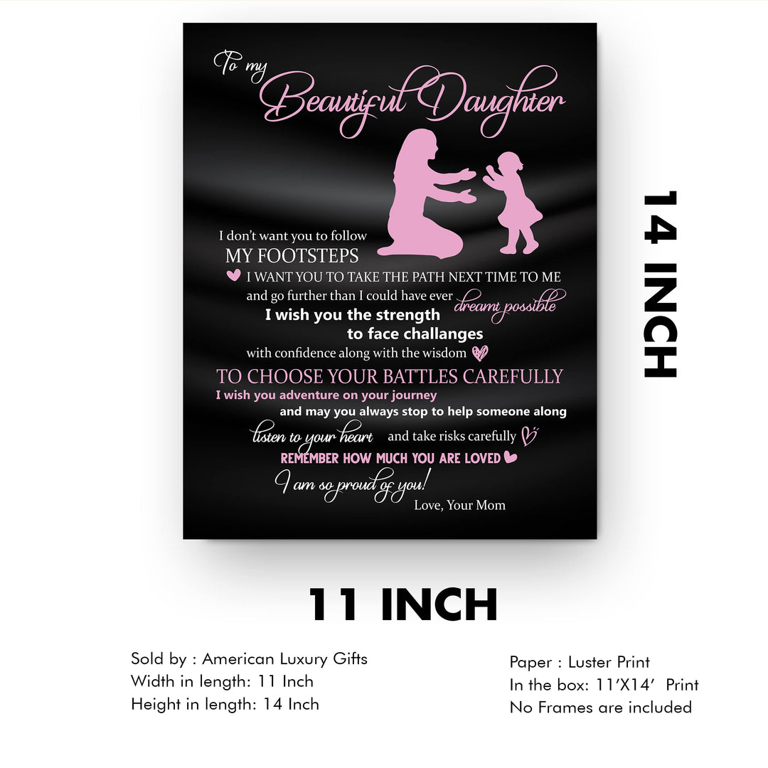 To My Beautiful Daughter -So Proud of You Inspirational Family Wall Art -11 x 14" Rustic Mom &amp; Daughter Silhouette Print -Ready to Frame. Home-Bedroom Decor. Loving, Keepsake Gift for All Daughters!