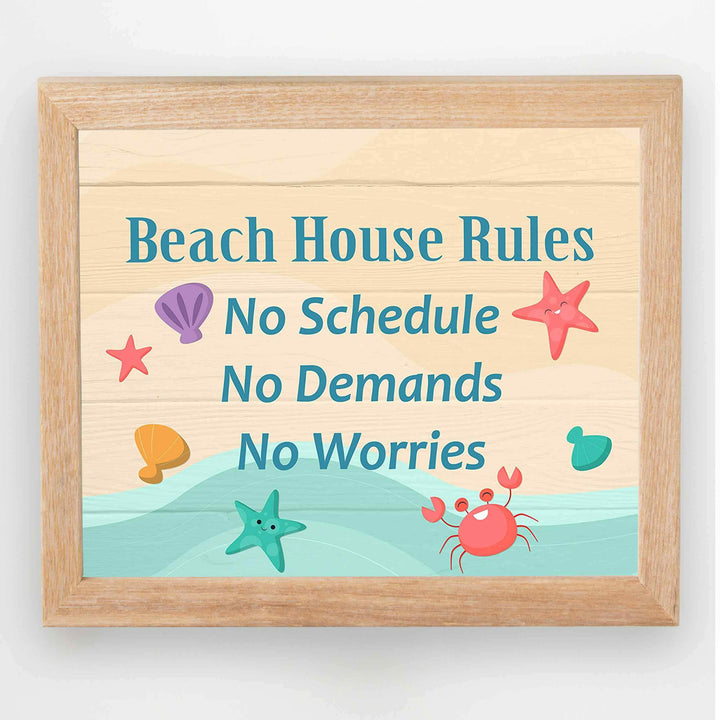 Beach House Rules-No Schedules, Demands, Worries Fun, Rustic Vacation Sign -10 x 8" Typographic Wall Print w/Replica Wood Design-Ready to Frame. Home-Cabin-Beach-Nautical Decor. Printed on Paper.
