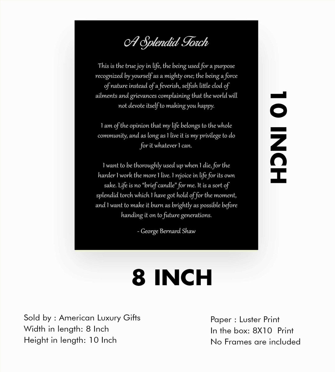 A Splendid Torch-George Bernard Shaw Poem Page Print- 8 x 10" Inspirational Wall Art. Modern Typography Print-Ready To Frame. Home-Office-Study-Library Decor. Great Art Gift for Poetry Fans.