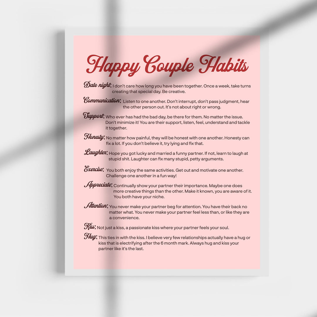 Happy Couple Habits Inspirational Wall Art Decor -11 x 14" Love &amp; Marriage Life Lessons Print -Ready to Frame. Modern Typographic Design. Romantic Anniversary Gift &amp; Wedding Sign for All Couples!