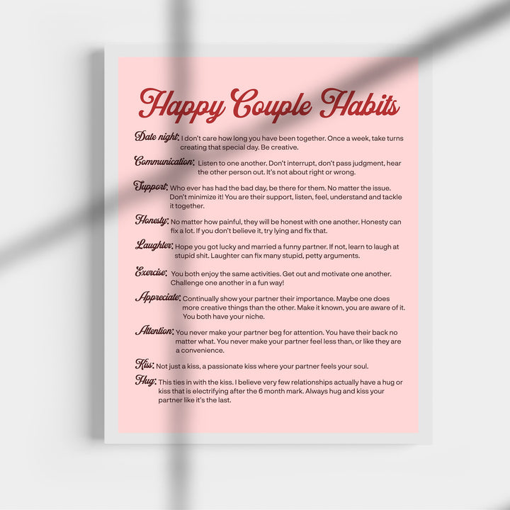 Happy Couple Habits Inspirational Wall Art Decor -11 x 14" Love &amp; Marriage Life Lessons Print -Ready to Frame. Modern Typographic Design. Romantic Anniversary Gift &amp; Wedding Sign for All Couples!