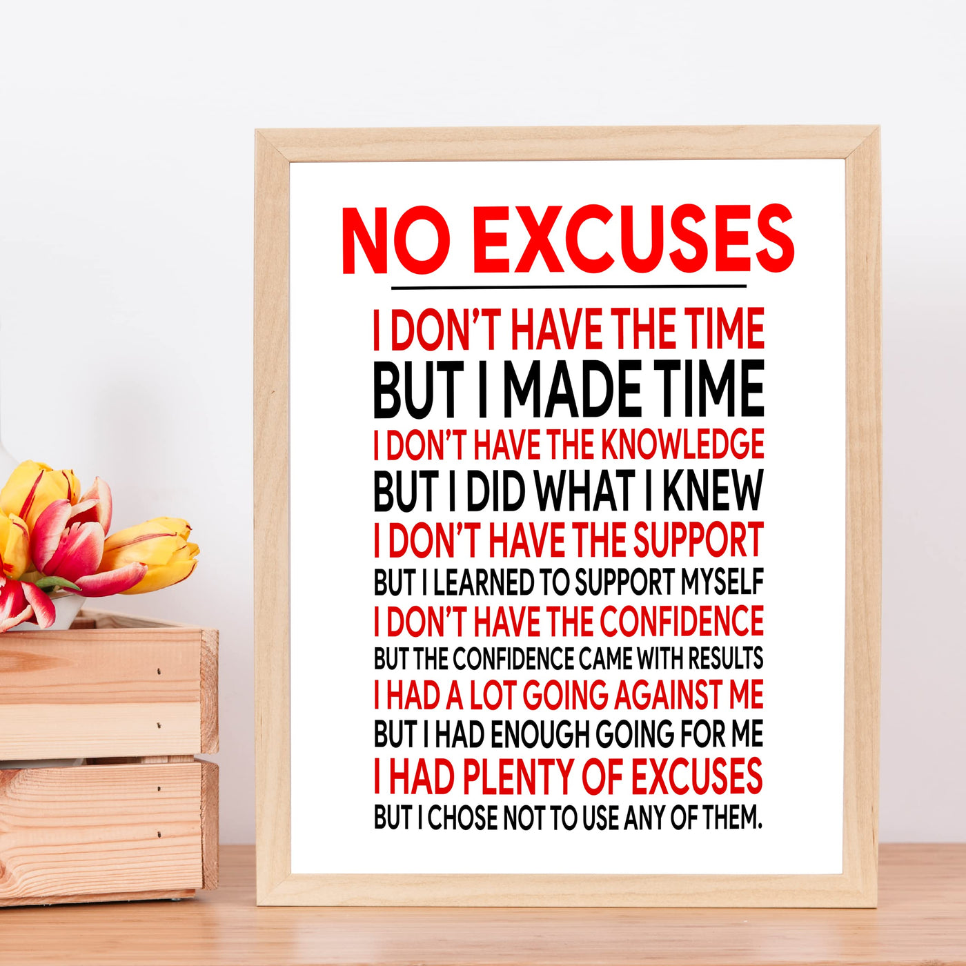 No Excuses Motivational Exercise Wall Art Sign -11 x 14" Inspirational Fitness Poster Print -Ready to Frame. Perfect Decoration for Home-Gym-Weight-Locker Room Decor. Great Gift of Motivation!