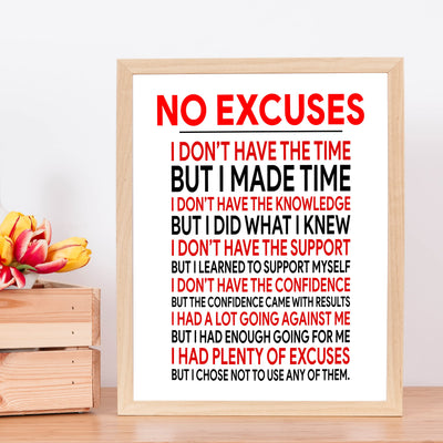 No Excuses Motivational Exercise Wall Art Sign -11 x 14" Inspirational Fitness Poster Print -Ready to Frame. Perfect Decoration for Home-Gym-Weight-Locker Room Decor. Great Gift of Motivation!