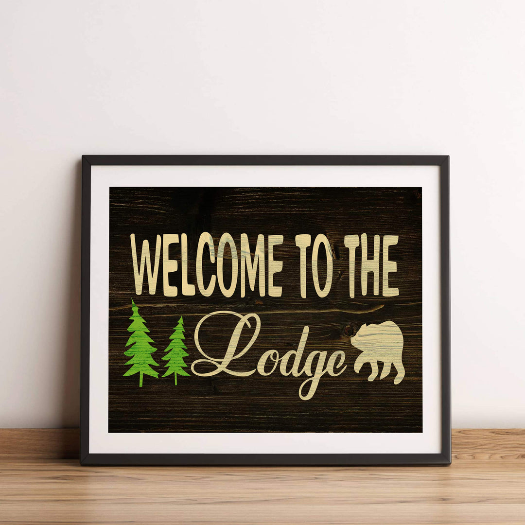 Welcome to the Lodge-Rustic Wall Decor Print- 14 x 11" Outdoors Themed Print w/Bear Silhouette-Ready to Frame. Replica Distressed Wood Design for Home-Cabin-Deck-Lodge-Lake. Printed on Photo Paper.