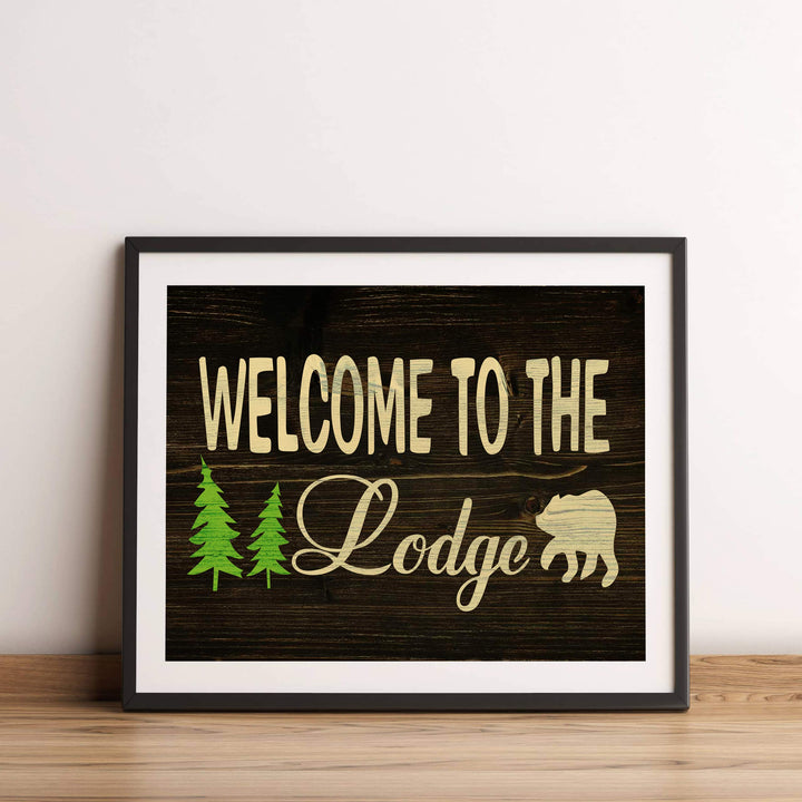 Welcome to the Lodge-Rustic Wall Decor Print- 14 x 11" Outdoors Themed Print w/Bear Silhouette-Ready to Frame. Replica Distressed Wood Design for Home-Cabin-Deck-Lodge-Lake. Printed on Photo Paper.