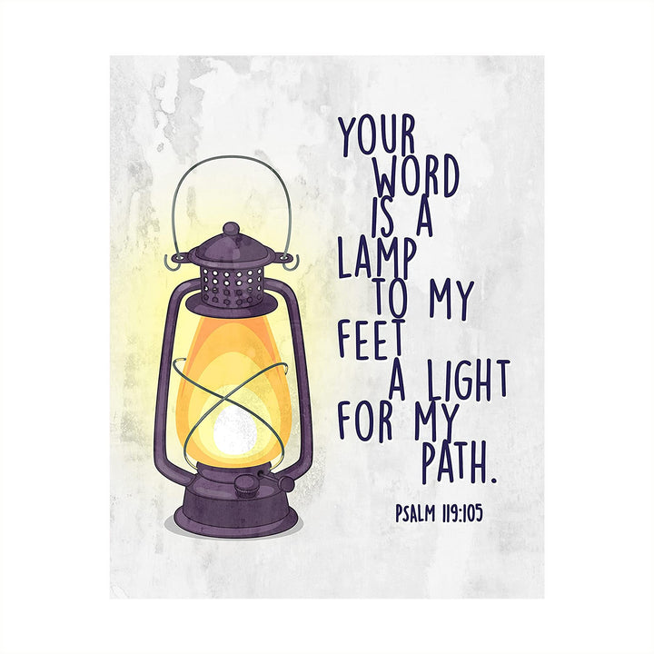 Your Word Is a Light for My Path- Psalm 119:105 -Bible Verse Wall Art -8 x 10" Christian Scripture Wall Print w/Lamp Image-Ready to Frame. Home-Office-Church-School Decor. Great Religious Gift!