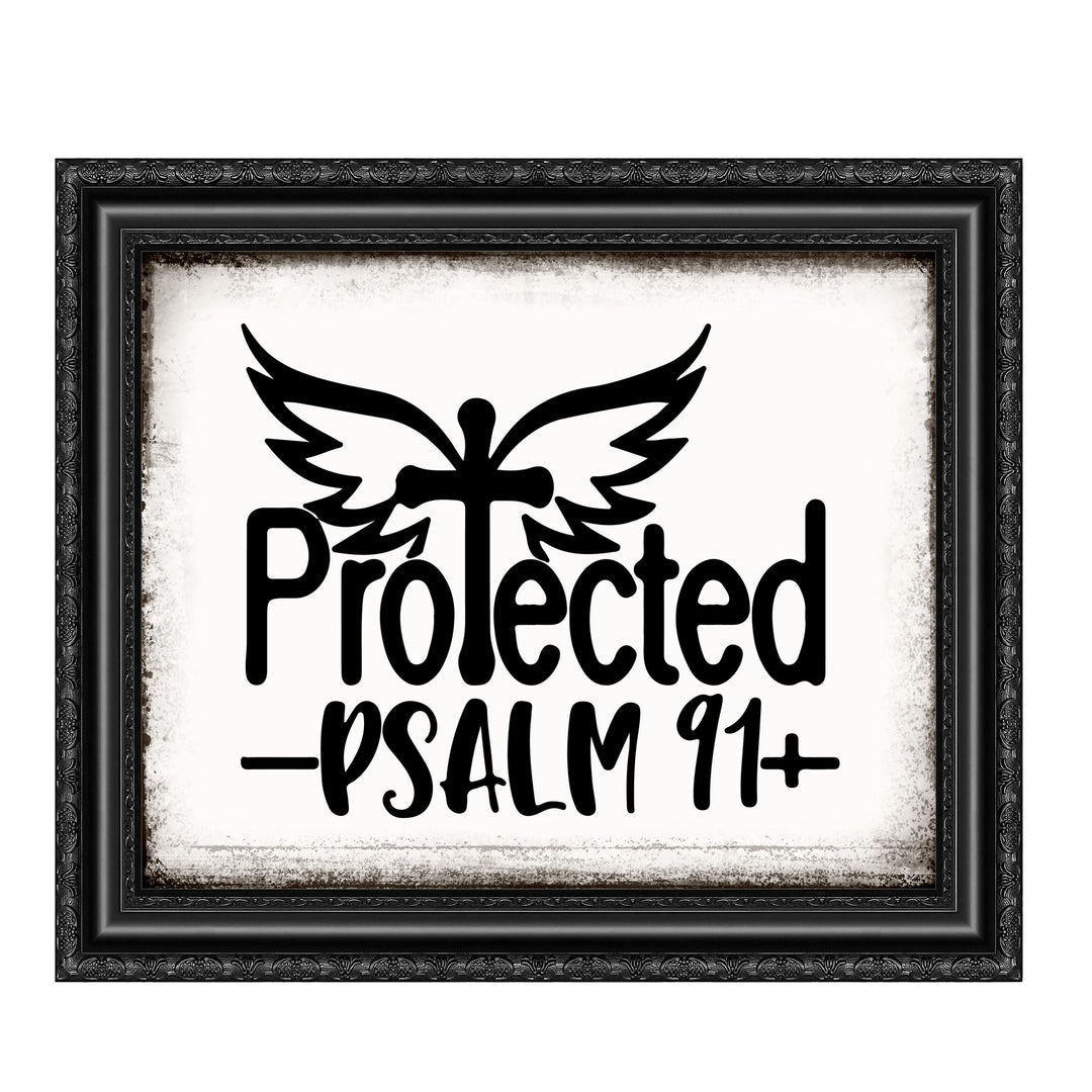 Protected-Psalm 91 Bible Verse Wall Art Print -10 x 8- Rustic Cross w/Angel Wings Print- Ready to Frame. Scripture Wall Decor for Home -Office -School -Religious &amp; Christian Gifts. Powerful Verse.