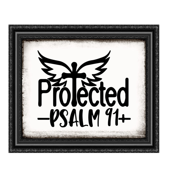 Protected-Psalm 91 Bible Verse Wall Art Print -10 x 8- Rustic Cross w/Angel Wings Print- Ready to Frame. Scripture Wall Decor for Home -Office -School -Religious &amp; Christian Gifts. Powerful Verse.