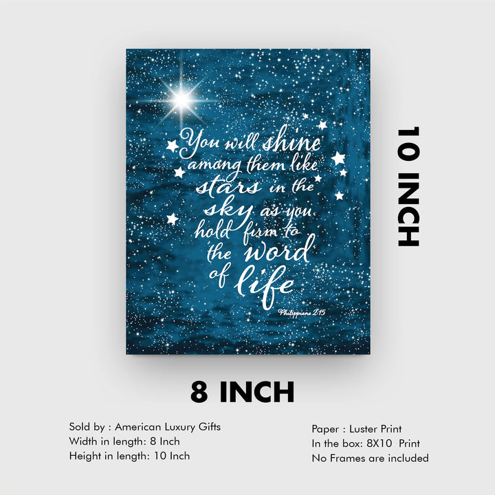 ?You Will Shine Like Stars in the Sky?- Philippians 2:15- Bible Verse Wall Art- 8 x 10" Starry Typographic Design. Scripture Wall Print-Ready to Frame. Home-Office-Church D?cor. Great Christian Gift!