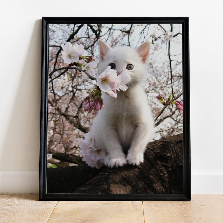 White Kitten in Tree -Inspirational Wall Art -Cute Cat in Floral Tree Photo Print- Ready to Frame. Home-Office-Teen-Girls Bedroom Decor. Perfect Animal, Pet &amp; Cats Themed Wall Decor!