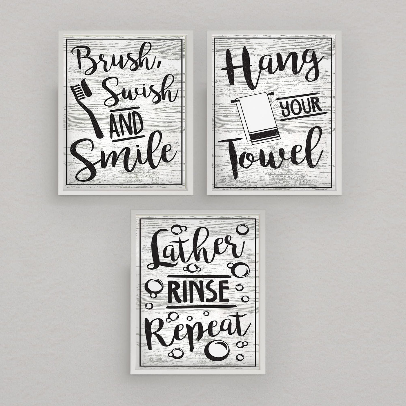 Bathroom"Procedures" Fun Bath Decor Set (3) 8 x10"s Wall Decor. Modern Typographic Wall Prints-Ready To Frame."Brush-Lather-Hang Towel"-Wood Sign Replicas. Perfect Reminders For Kids-Guest Bath.