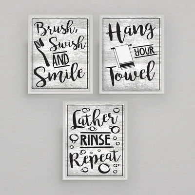 Bathroom"Procedures" Fun Bath Decor Set (3) 8 x10"s Wall Decor. Modern Typographic Wall Prints-Ready To Frame."Brush-Lather-Hang Towel"-Wood Sign Replicas. Perfect Reminders For Kids-Guest Bath.