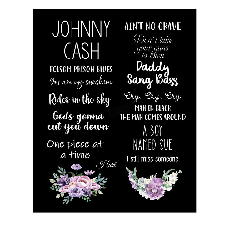 Johnny Cash-Greatest Hits Wall Art Sign -11 x 14" Song Titles Floral Poster Print -Ready to Frame. Rustic Decor for Home-Studio-Bar-Dorm-Cave. Great Gift for All Country Music Fans!