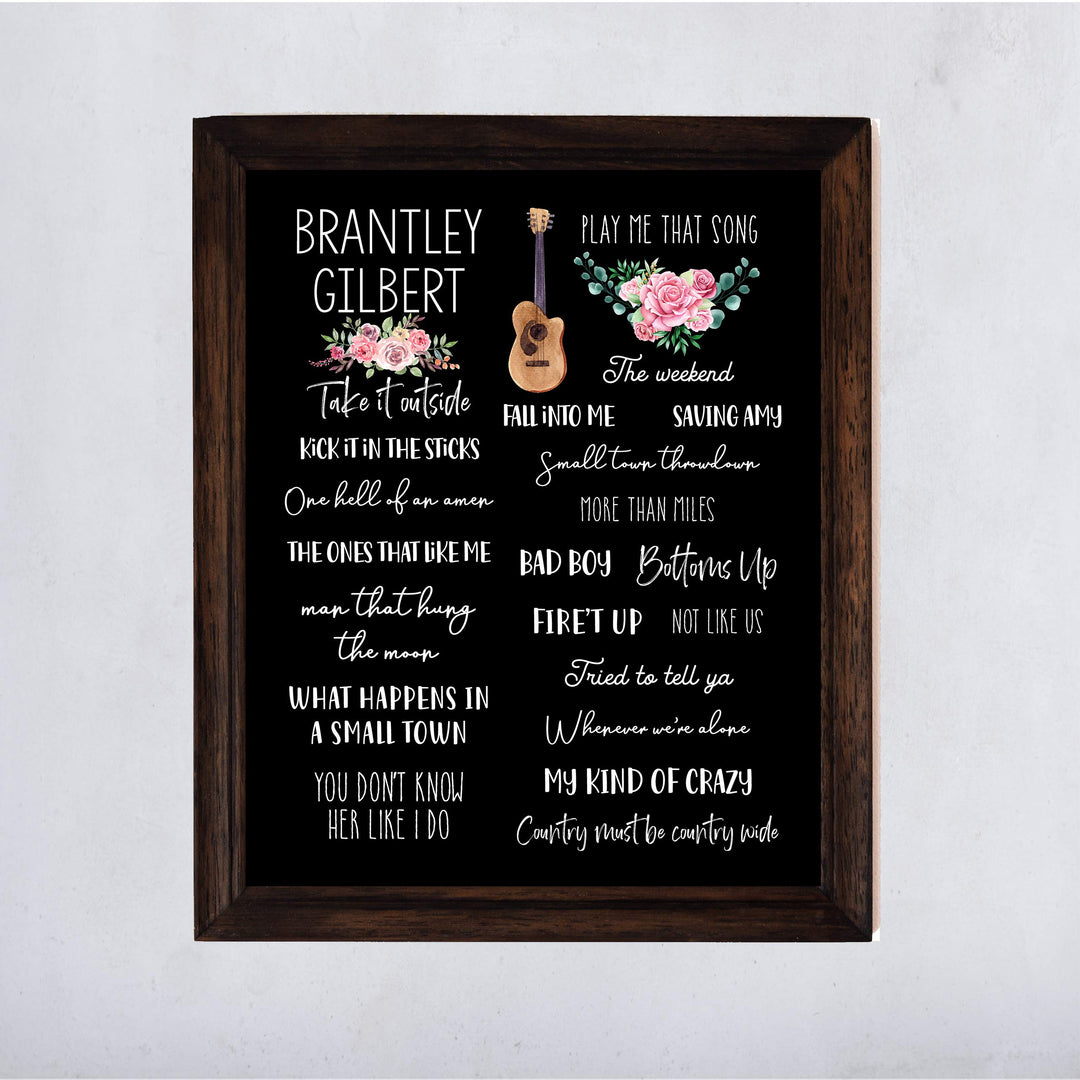 Brantley Gilbert-Song Titles Wall Art Sign -11 x 14" Country Music Poster Print w/Guitar Image-Ready to Frame. Rustic Decor for Home-Studio-Bar-Dorm-Cave. Great Gift for Brantley Gilbert Fans!