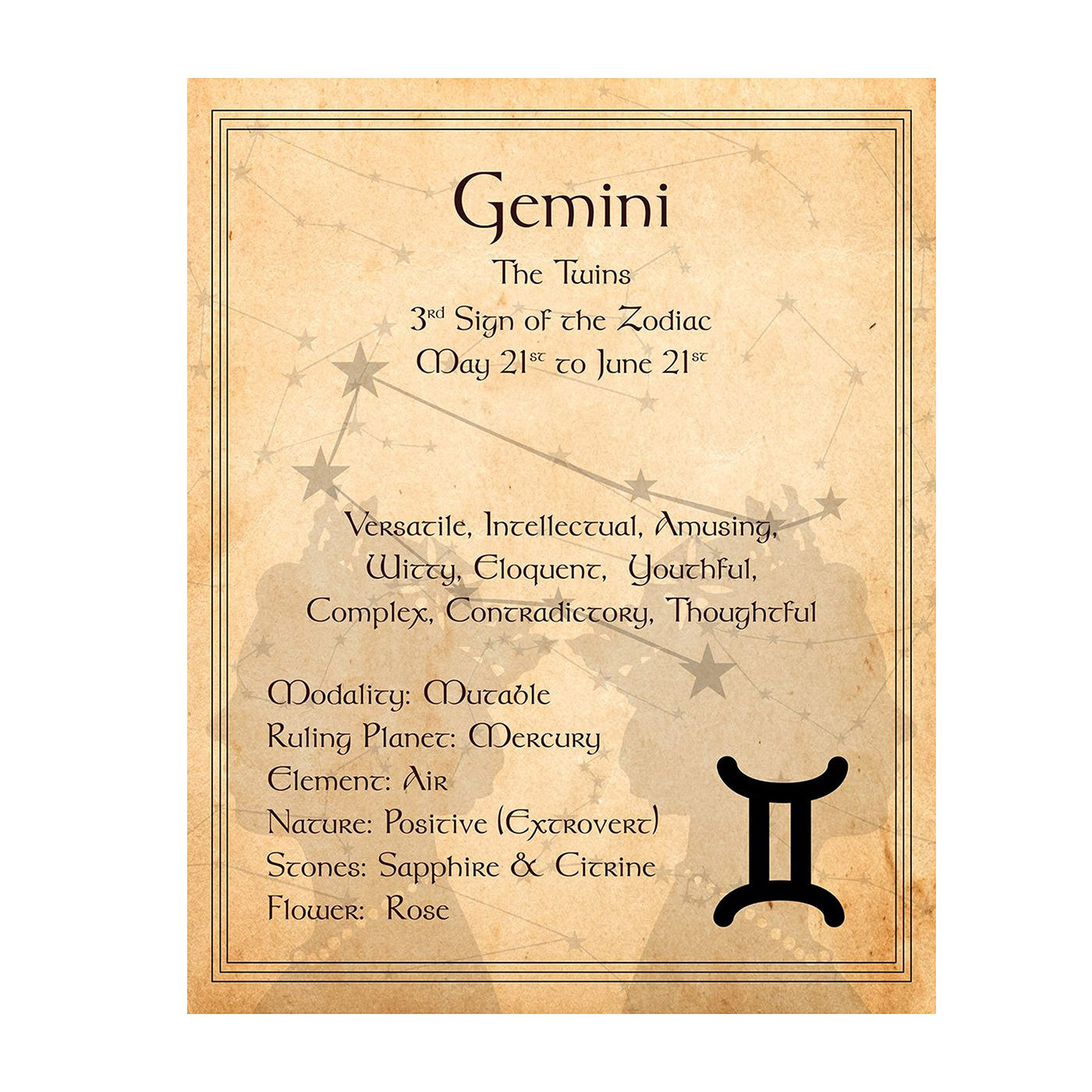 Gemini- The Twins- Zodiac Sign Wall Art. 8 x 10" Print Wall Print-Ready to Frame. Constellation Design-Astrology Decor for Home-Office-Bedroom. Horoscope's Adjectives-Primary Elements. Great Gift!