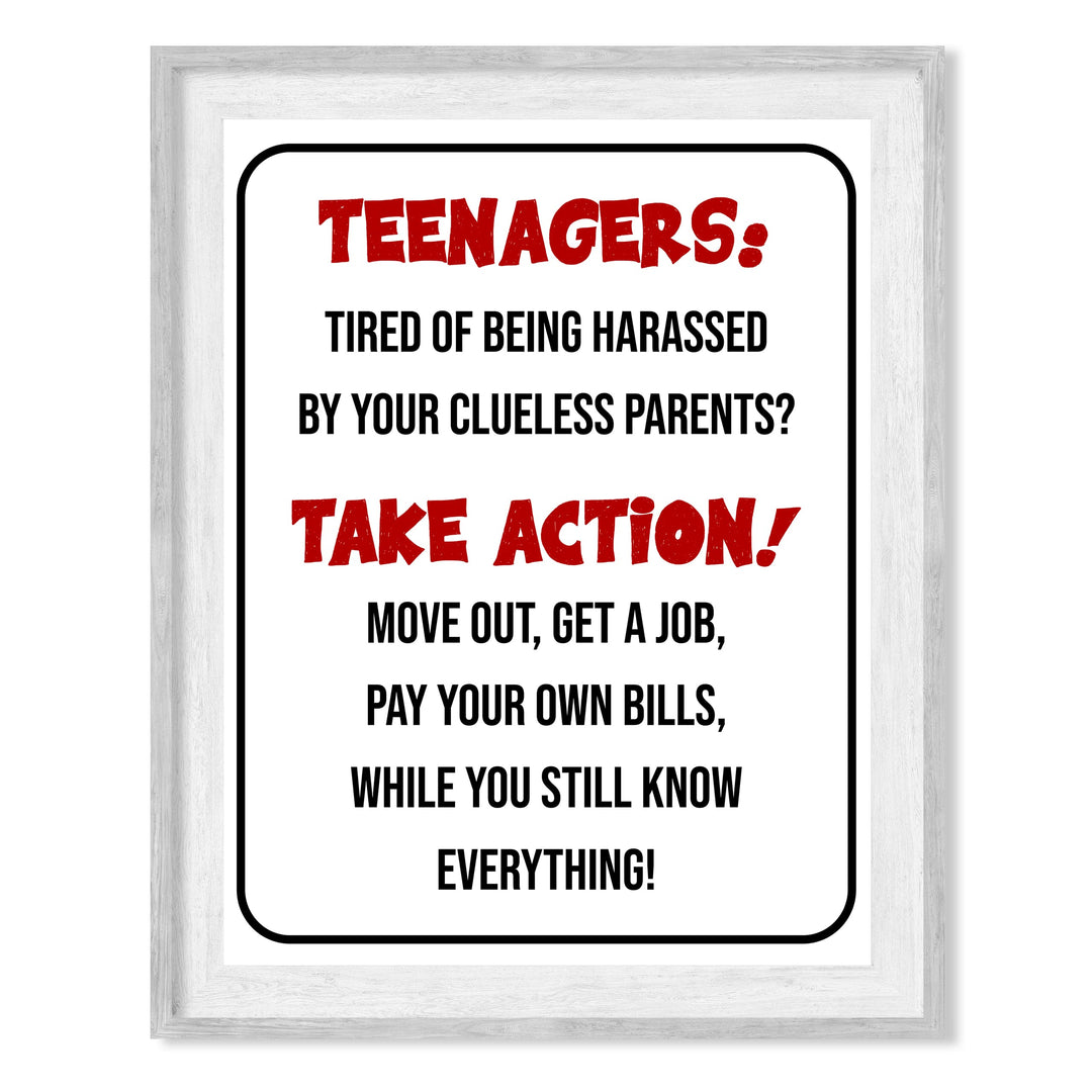 "Teenagers-Take Action, Get a Job" Funny Family Wall Sign -Sarcastic Art Print -Ready to Frame. Humorous Decoration for Home-Kids Bedroom-Teen Decor. Fun Gift -Accessories for Parents!