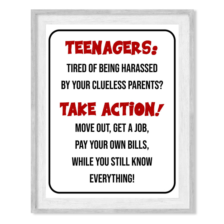 "Teenagers-Take Action, Get a Job" Funny Family Wall Sign -Sarcastic Art Print -Ready to Frame. Humorous Decoration for Home-Kids Bedroom-Teen Decor. Fun Gift -Accessories for Parents!
