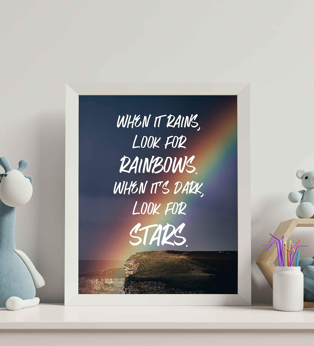 When It Rains, Look For Rainbows Inspirational Quotes Wall Sign -8 x 10" Wall Art Print-Ready to Frame. Modern Typographic Design. Home-Office-Studio-Motivation Decor. Great Positive Advice!