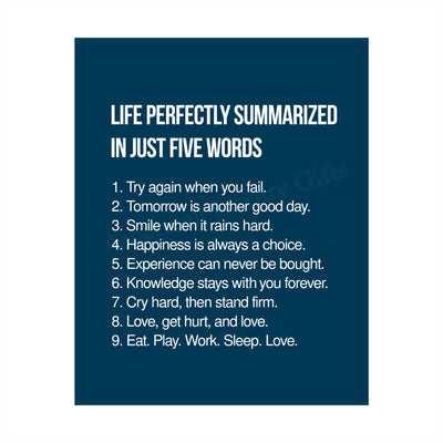 Life Perfectly Summarized In Five Words Inspirational Quotes Wall Sign -8 x 10" Modern Poster Print-Ready to Frame. Positive Home-Office-School-Motivational Decor. Perfect Life Lessons for All!