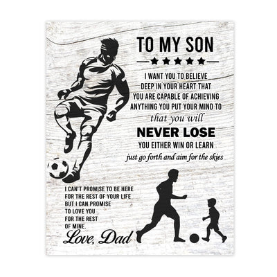 "To My Son -Never Lose- Win or Learn" Inspirational Family Wall Art Sign -11x14" Typographic Sports Poster Print -Ready to Frame. Loving Message for Any Son. Great Keepsake Gift Love Dad!