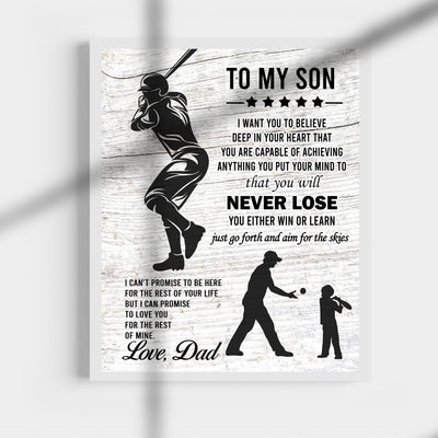 "To My Son -Never Lose- Win or Learn" Inspirational Family Wall Art Sign -11x14" Typographic Sports Poster Print -Ready to Frame. Loving Message for Any Son. Great Keepsake Gift Love Dad!