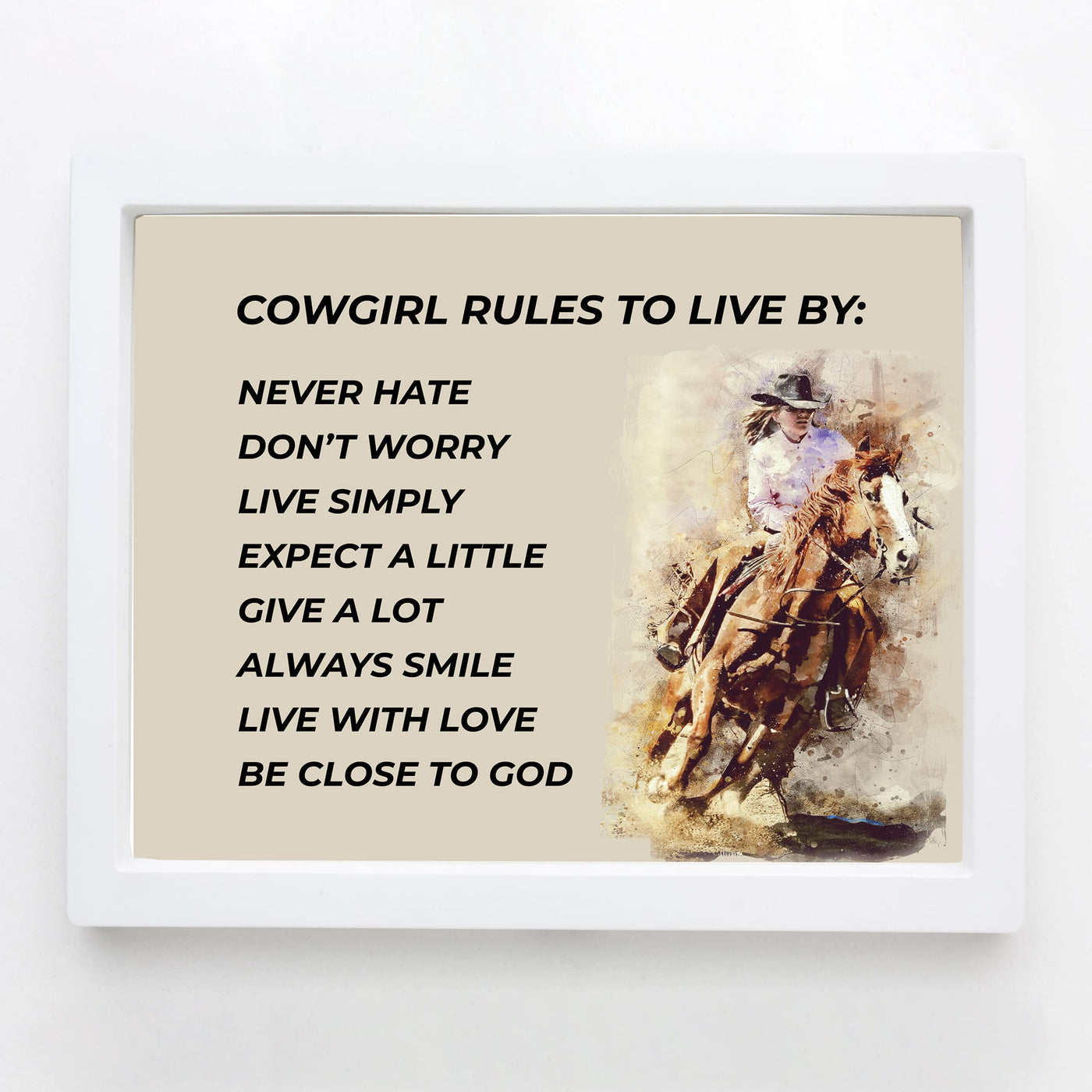 Cowgirl Rules-Never Hate-Live Simply- Western Wall Art Sign- 10 x 8"- Woman Riding Horse Photo Print -Ready to Frame. Country Rustic Decor for Home-Lodge-Camp-Cabin. Great Gift for All Cowgirls!