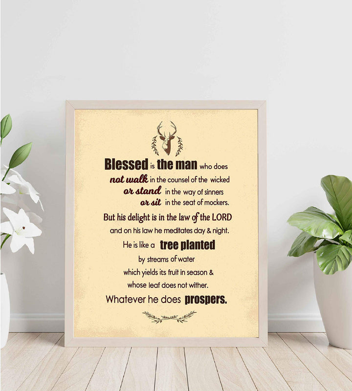 Psalm 1:1-3-"Blessed Is the Man-Whatever He Does Prospers"-Bible Verse Wall Art -8 x 10" Distressed Typographic Poster Print-Ready to Frame. Inspirational Christian Decor for Home-Office-Church.
