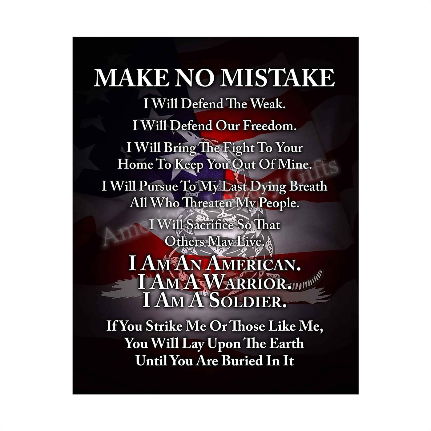 Make No Mistake-I Am A Soldier-I Will Defend-Patriotic Quotes Wall Art- 8 x 10" Pro-American Poster Print-Ready To Frame. Perfect Home-Office-Garage-Bar Decor. Great Gift for Military-Veterans!
