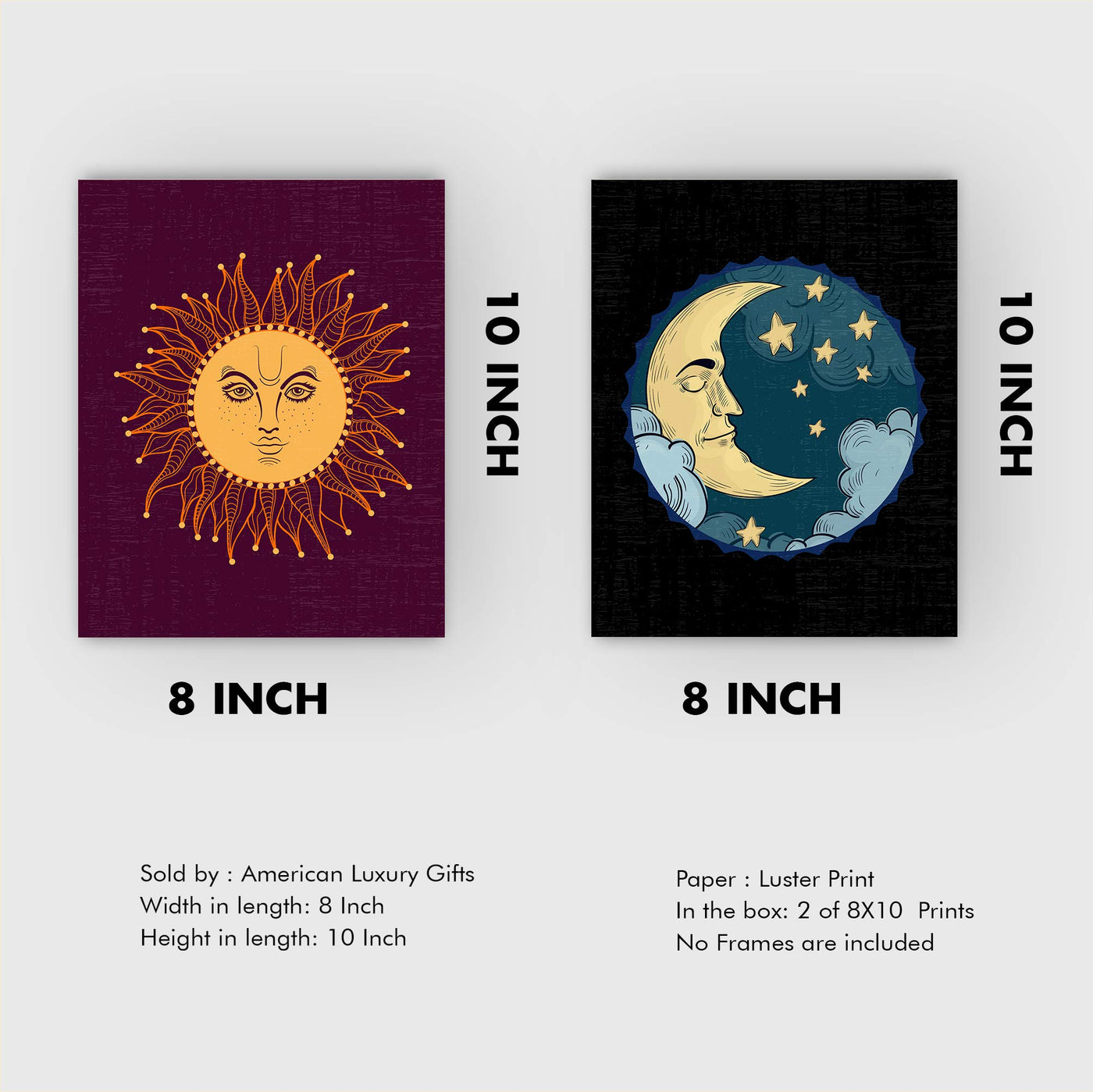 Moon &"Sun" Zen Wall Art Set (2) -8 x 10" Spiritual Wall Art Prints-Ready to Frame. Inspirational Home-Bedroom-Office-Spa Decor. Perfect Yoga Studio-Meditation Signs! Great Prints for Mindfulness!