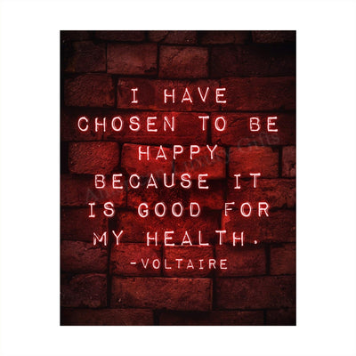 Voltaire Quotes Wall Art-"I Have Chosen To Be Happy-Good For My Health"-8 x 10" Motivational Poster Print w/Replica Brick Design-Ready to Frame. Inspirational Home-Office-Church-School Decor.