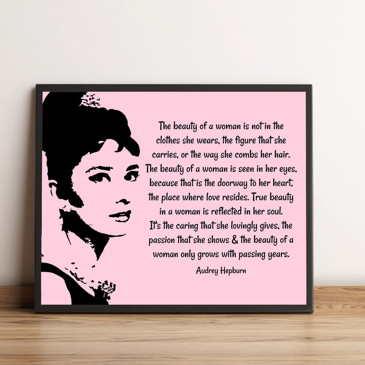 The Beauty of a Woman in Pink-Audrey Hepburn Quotes- 8 x 10" Inspirational Wall Art. Typography Poster Print w/Silhouette Image-Ready to Frame. Home-Office-Studio-Salon Decor. Gift of True Beauty!