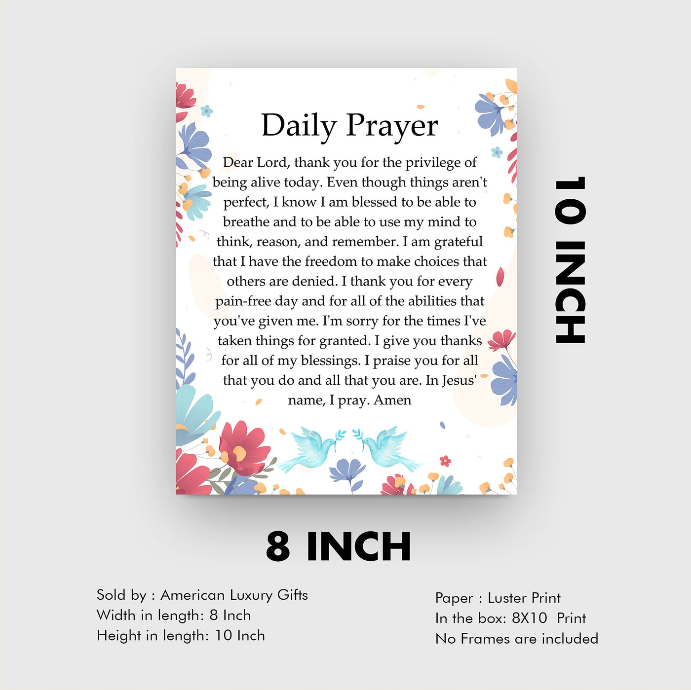 Daily Prayer-Christian Wall Art -8 x 10" Inspirational Scripture Print -Ready to Frame. Floral Design. Perfect Home-Office-Church-Sunday School Decor! Great Religious Gift of Faith & Inspiration!