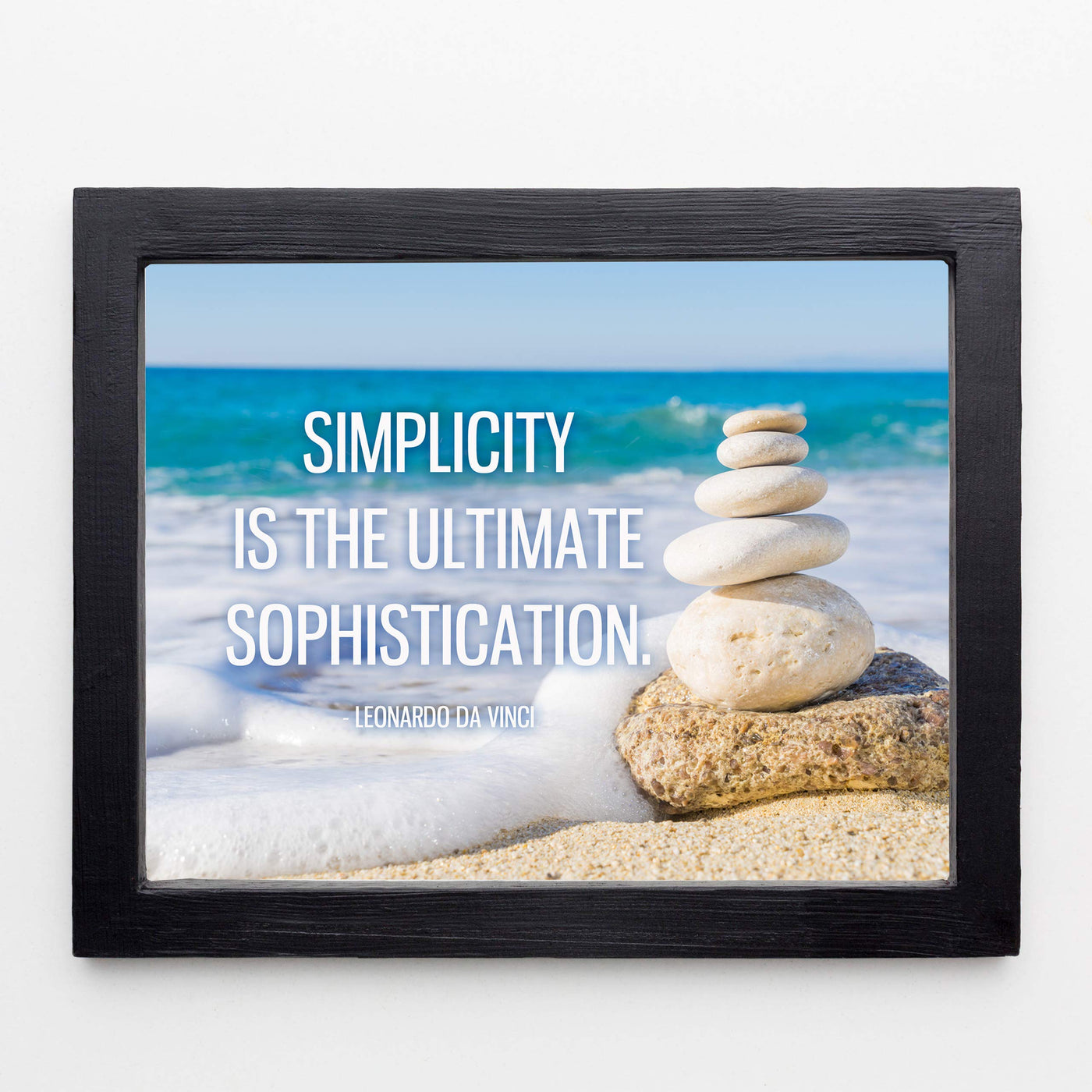 Leonardo Da Vinci Quotes-"Simplicity Is the Ultimate Sophistication"-Inspirational Wall Art -10 x 8" Beach Photo Print w/Stacked Stones Image-Ready to Frame. Home-Office-Studio-School-Library Decor.