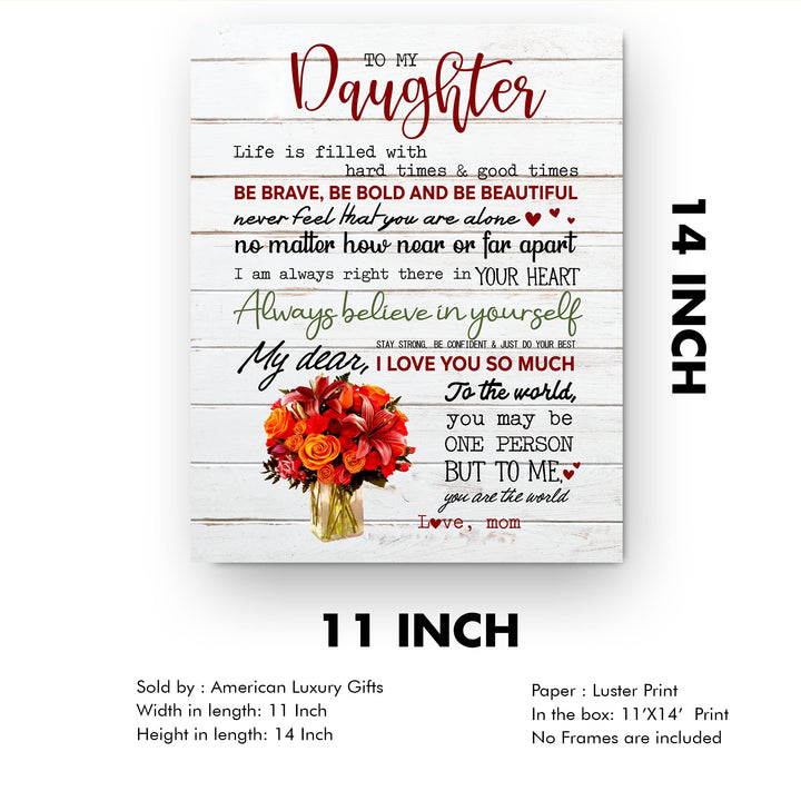 To My Daughter -Be Brave &amp; Bold- Love Mom Inspirational Family Wall Art -11 x 14" Rustic Floral Wood Design Print -Ready to Frame. Home-Bedroom Decor. Loving, Keepsake Gift for All Daughters!