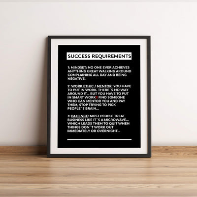 Success Requirements-Motivational Wall Art Sign -11 x 14" Inspirational Poster Print-Ready to Frame. Modern Typographic Design. Home-Office-Business-Dorm-Classroom Decor. Great Successful Tips!